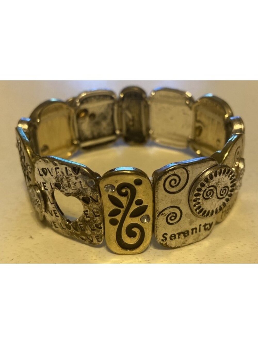 Vintage Silver & Gold Tone Elastic Bracelet. Engraved Sayings